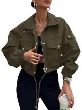 〽️Women's Army Green Lightweight Cropped Windbreaker Cargo Jacket Full Zip Style